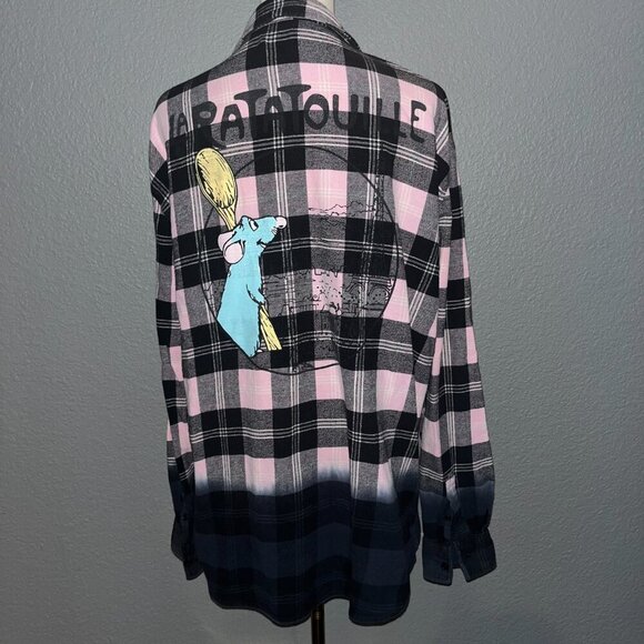 DISNEY LA RATATOUILLE REMY Plaid Flannel Button Down Pink & Black Ombre Shirt  L - Picture 5 of 13